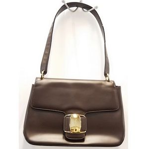 Salvatore Ferragamo Brown & Gold Leather/Suede Over-the-Shoulder Handbag